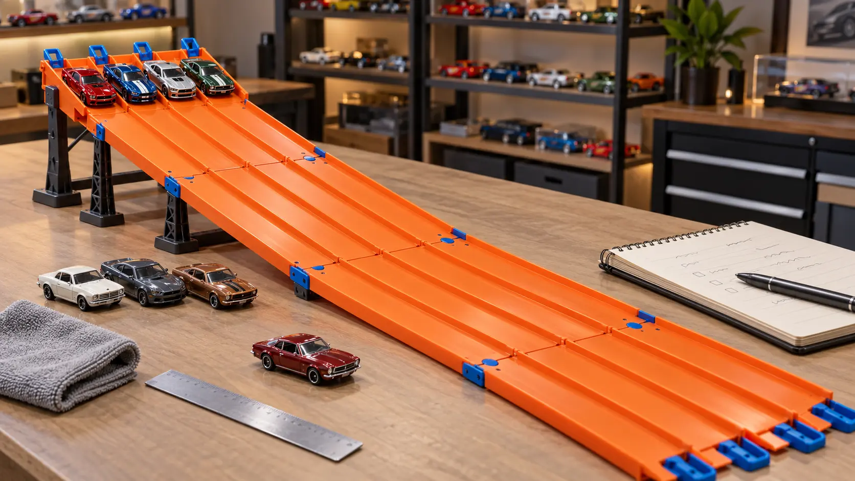 Organized Hot Wheels gravity testing setup with parallel lanes, track joints and multiple collector cars