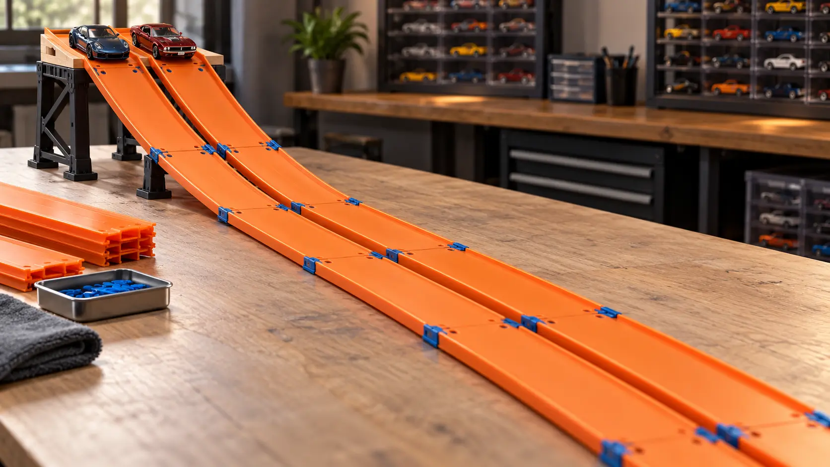 Long two-lane Hot Wheels gravity drag strip built from modular orange track sections