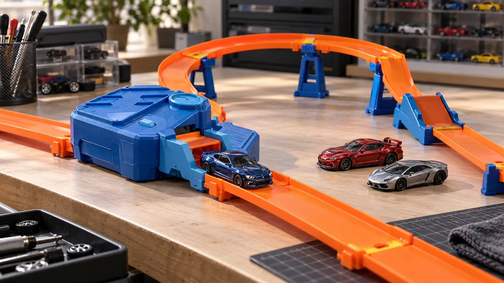 Hot Wheels motorized booster track setup used for powered collector car testing