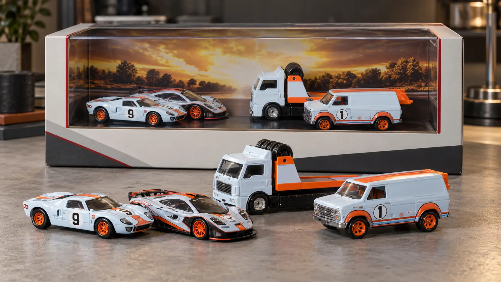 Hot Wheels JHW43 Premium Collector Display Set with three cars and a Team Transport vehicle