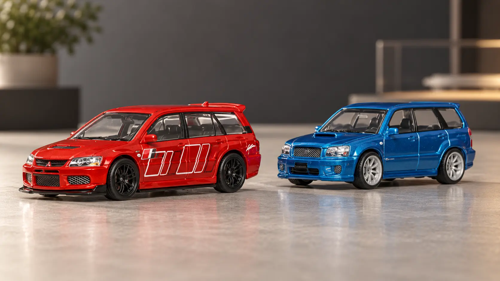 Mitsubishi Lancer Evolution IX Wagon and Subaru Forester STI premium 1:64 diecast pair