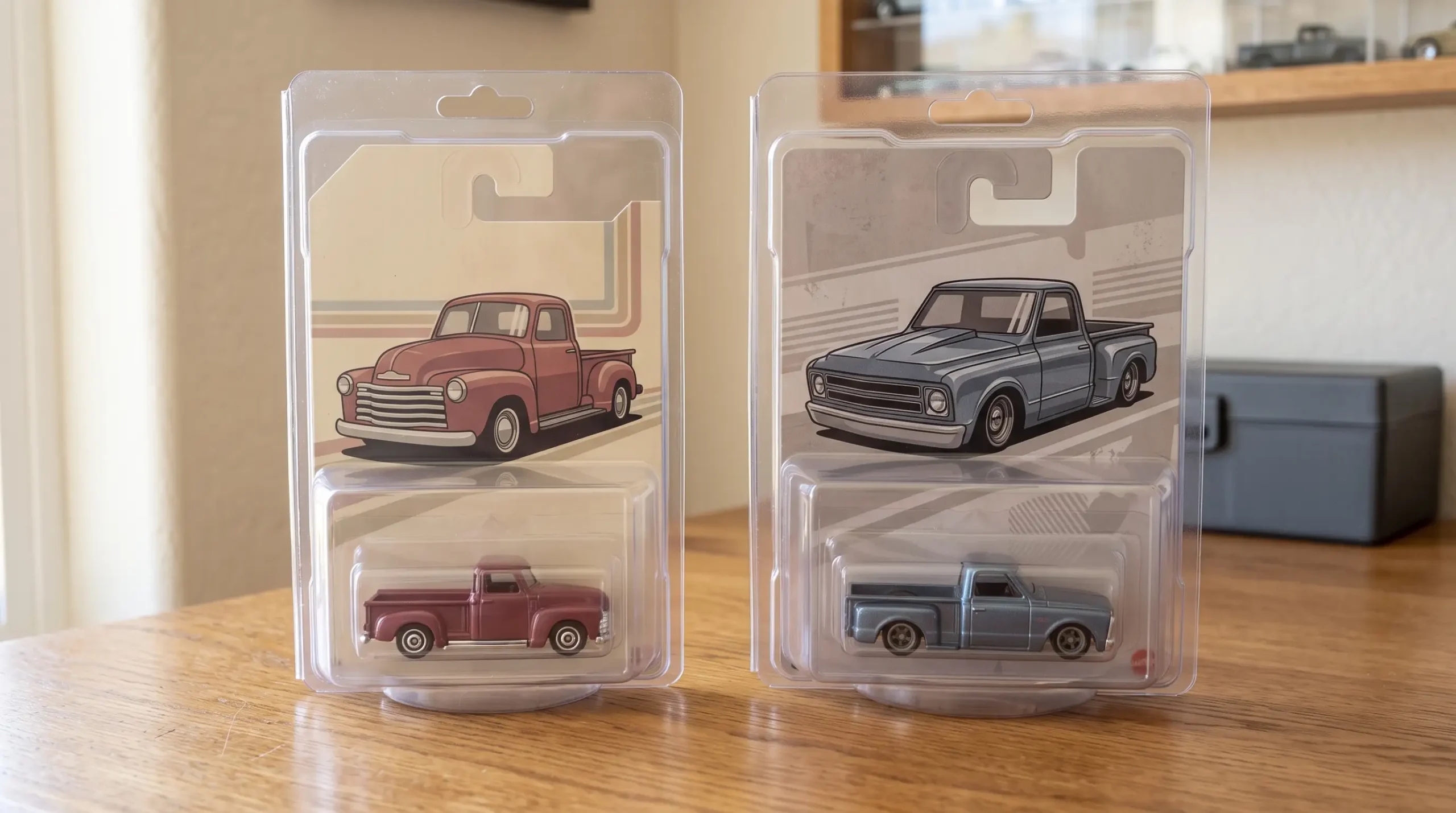 Two differently sized transparent diecast card protectors with miniature pickup trucks on a wooden desk.