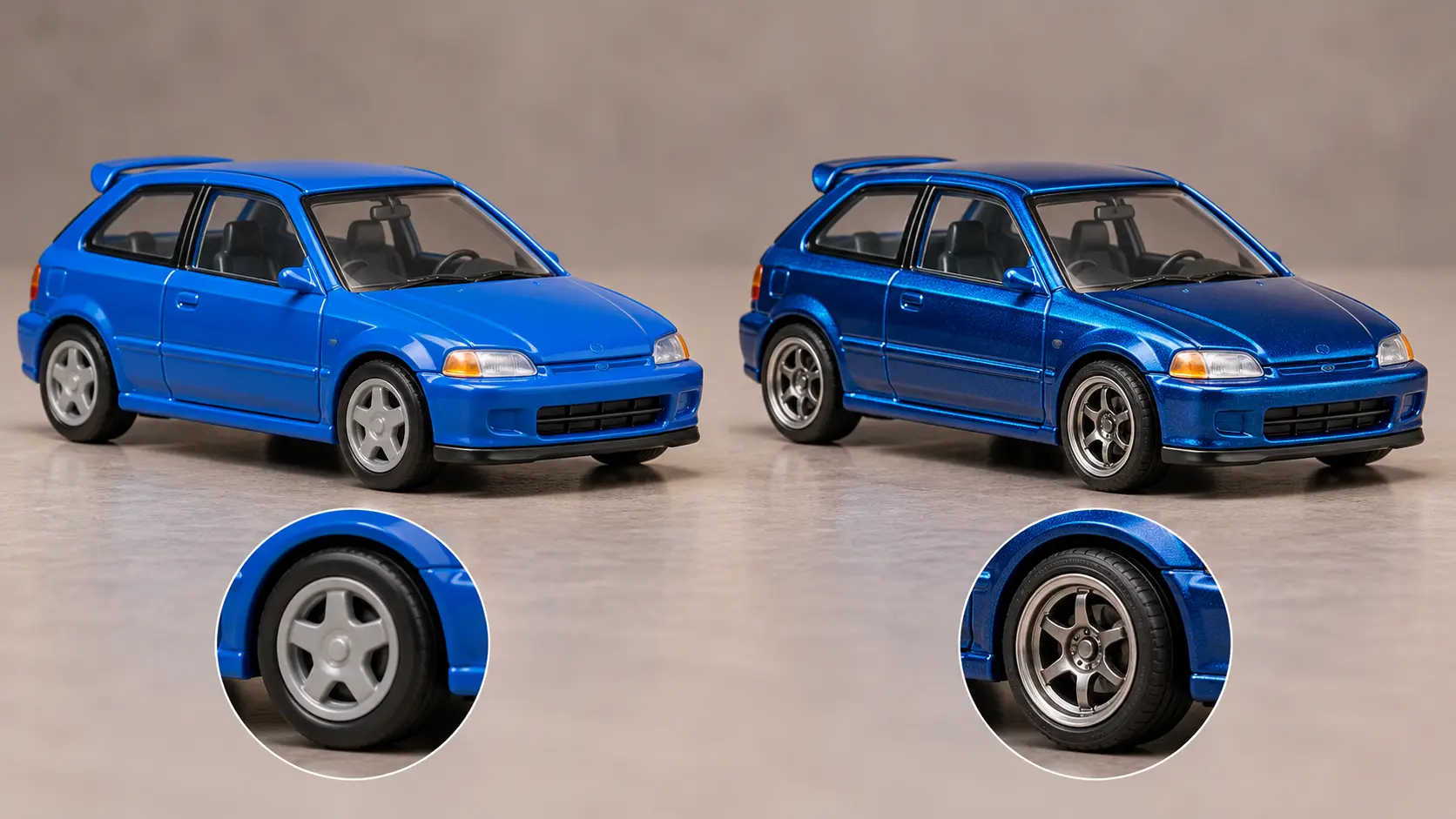 Illustrative comparison of opaque paint and plastic wheels with reflective metallic paint and detailed rubber-style tires on miniature hatchbacks