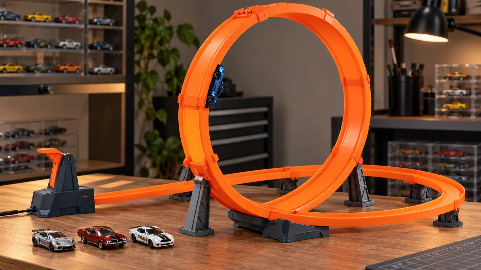 Hot Wheels cars being compared for compatibility on a large powered loop track