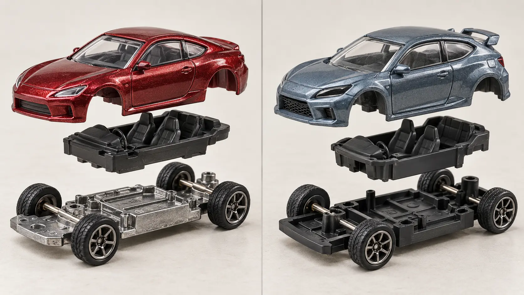 Comparison of premium diecast Metal/Metal construction and a plastic-base diecast chassis