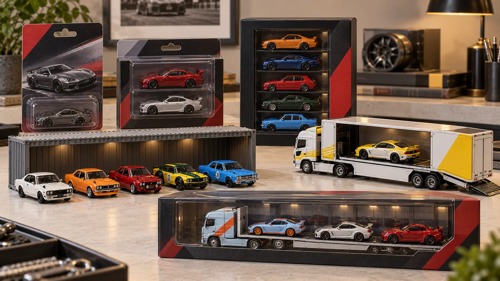 Comparison of premium diecast packaging formats including carded, 2-pack, container, Team Transport and collector boxes