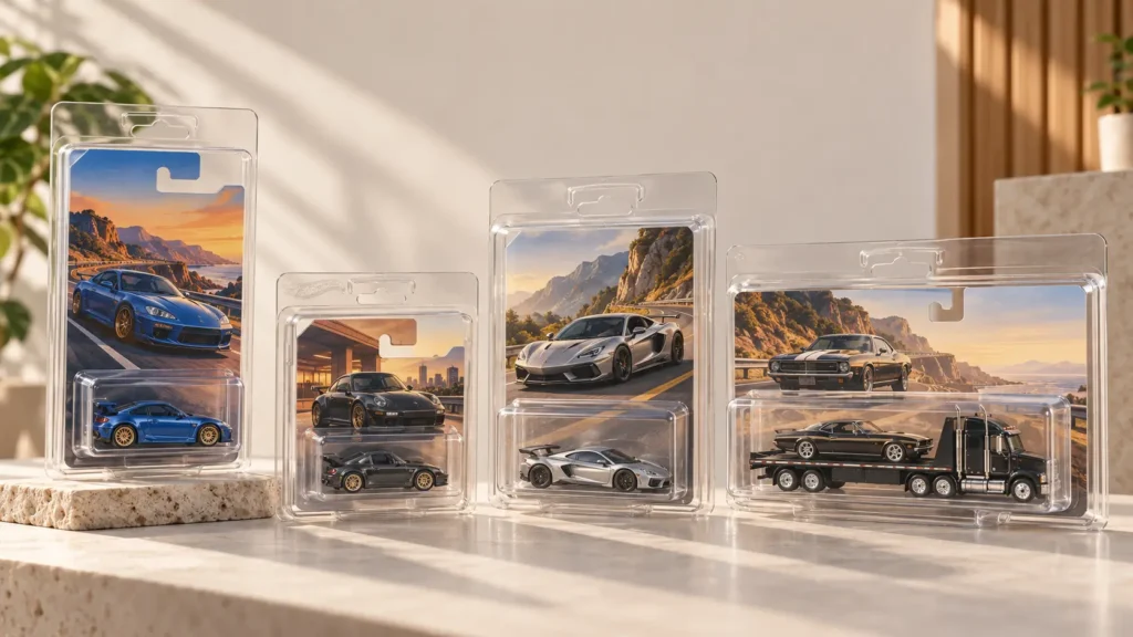 Hot Wheels card protectors for standard mainline, European short card, premium and Team Transport packaging.