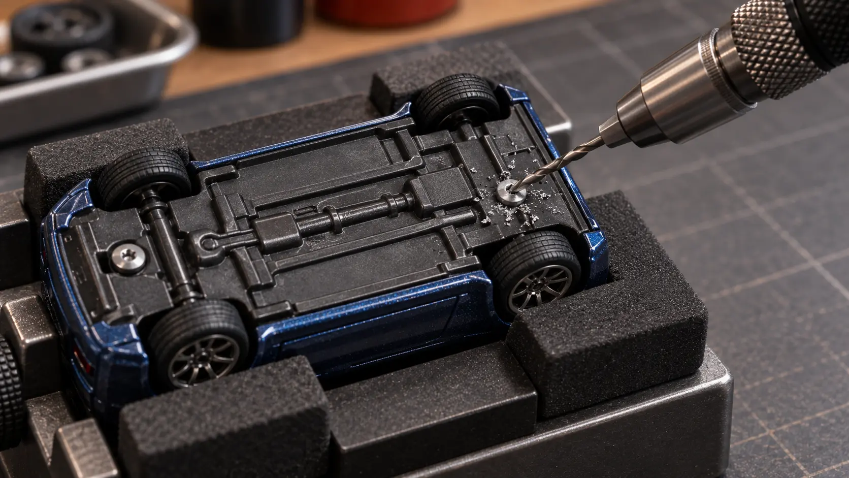 Precision drill removing a rivet head from the underside of a 1:64 diecast car
