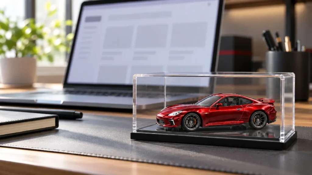 Premium miniature die-cast collector car in a clear display case beside a laptop in a collector's workspace.