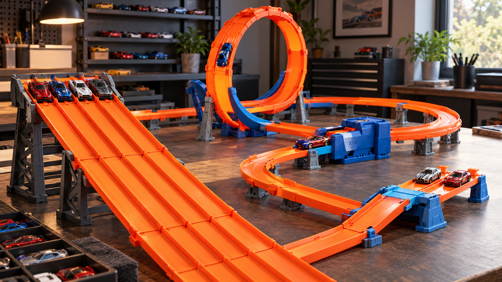 Four Hot Wheels track testing styles including gravity racing, powered booster runs, loop testing and two-car racing