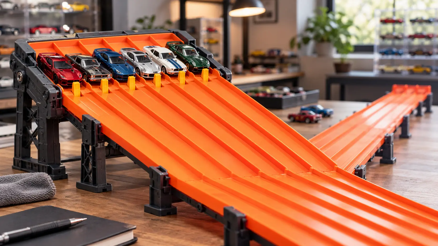 Six Hot Wheels cars lined up on a six-lane gravity raceway for collector speed comparison