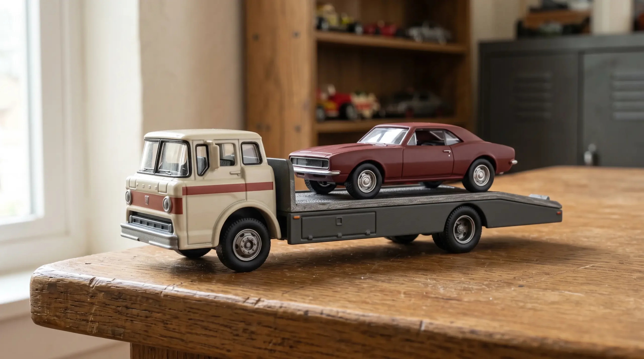 Cream-colored miniature car transporter carrying a burgundy classic coupe on a wooden hobby workbench.