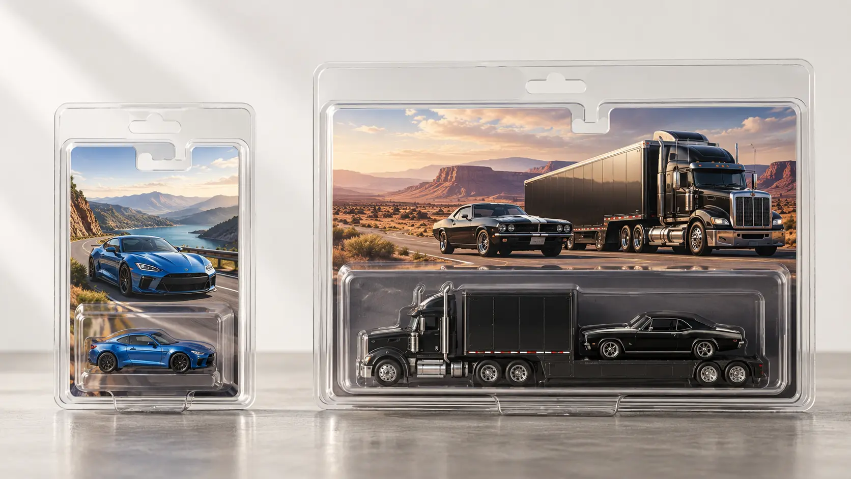 Team Transport car-and-hauler package beside a smaller single-car carded collectible
