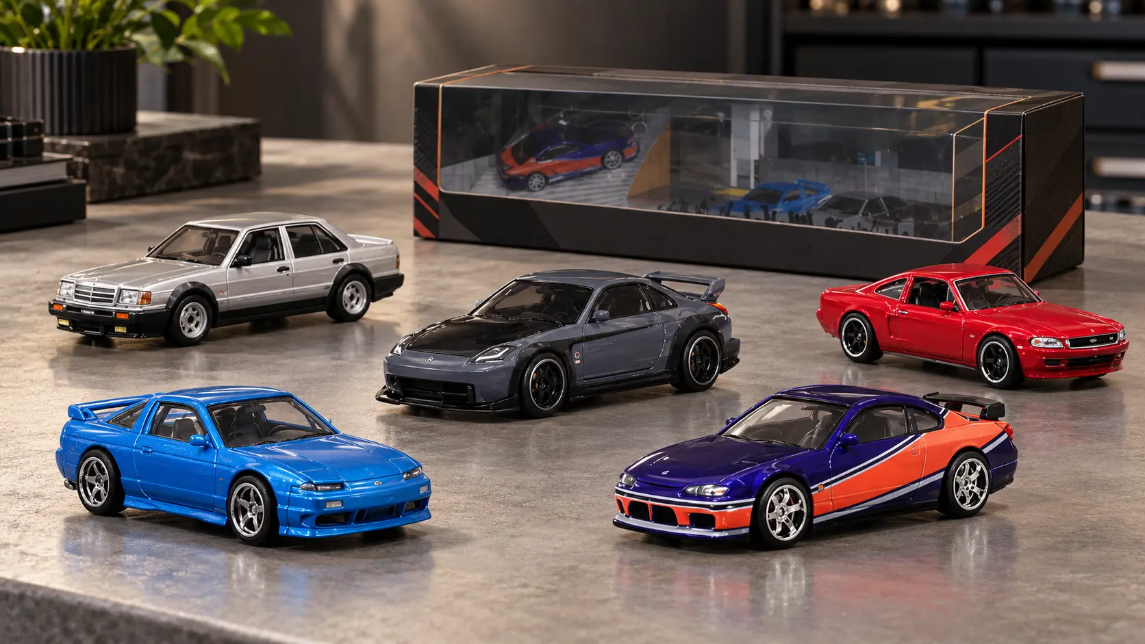 Hot Wheels Premium Tokyo Drift JFL99 five-car collector bundle with Nissan, Mercedes and Mustang models