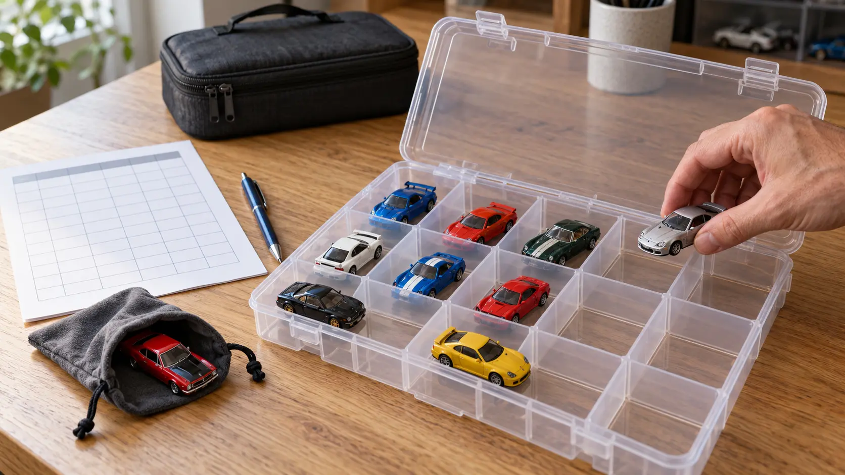 Collector placing loose diecast cars into separate organizer compartments beside a paper inventory sheet before a trade meet.