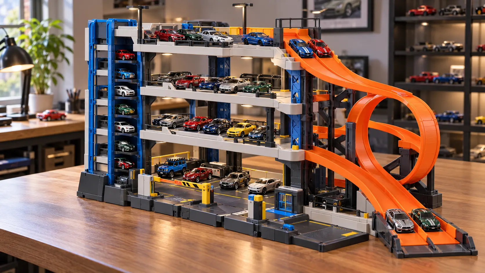 Multi-level Hot Wheels garage combining 1:64 car storage with side-by-side racing