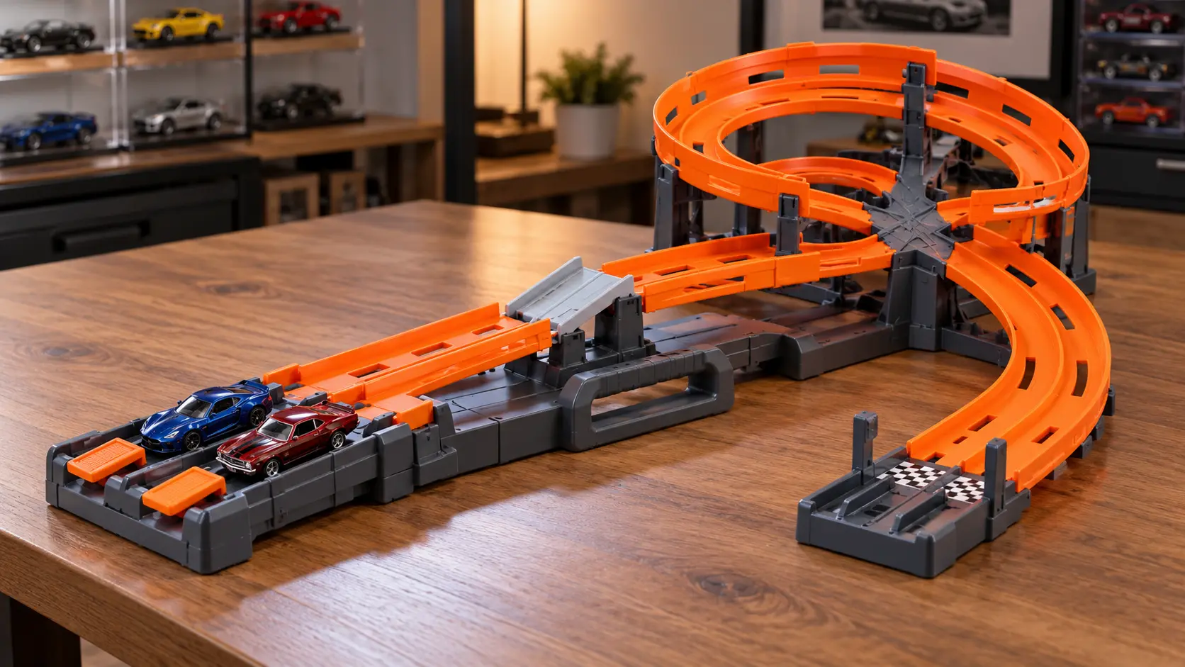 Two Hot Wheels cars staged on a compact manual head-to-head raceway with a gap jump