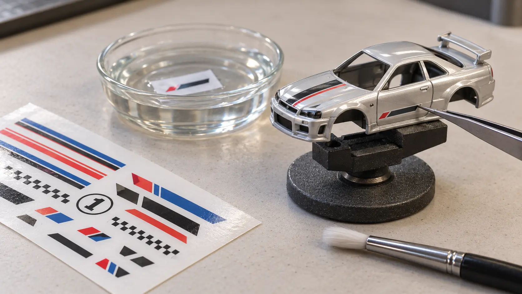 Protected inkjet waterslide decal being soaked and applied to a 1:64 diecast car body
