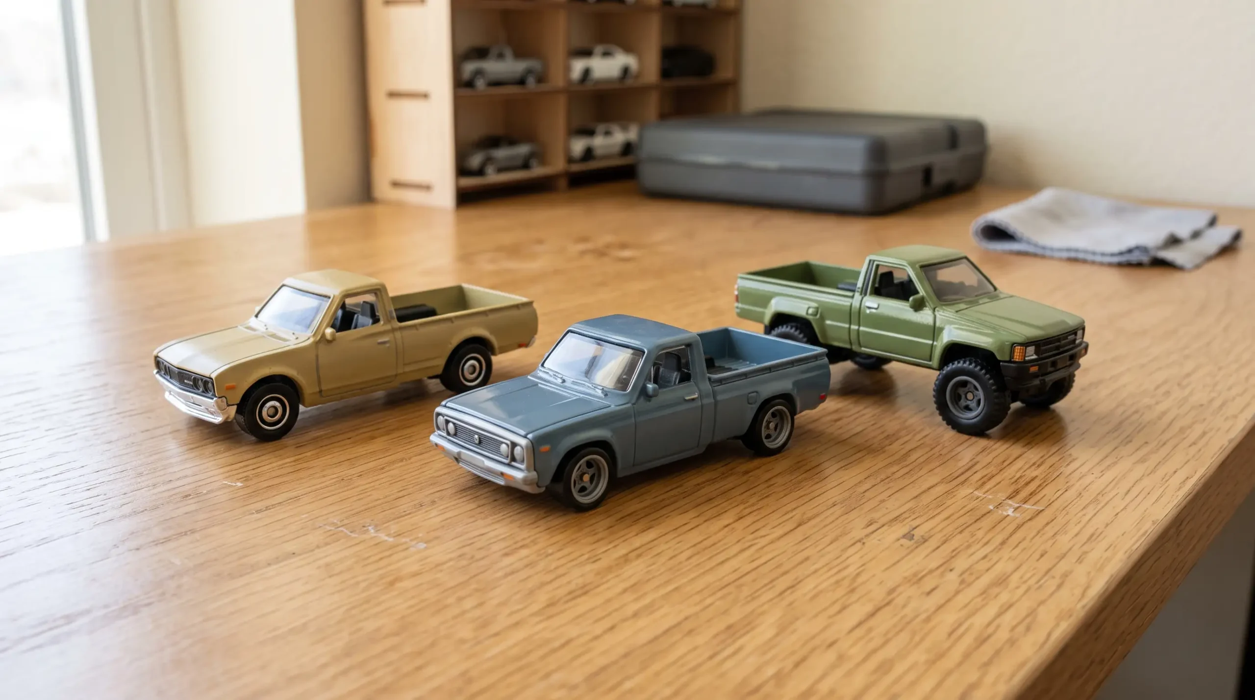 Three Japanese-style miniature pickup trucks on a wooden desk, including a lowered blue truck and a lifted green pickup.