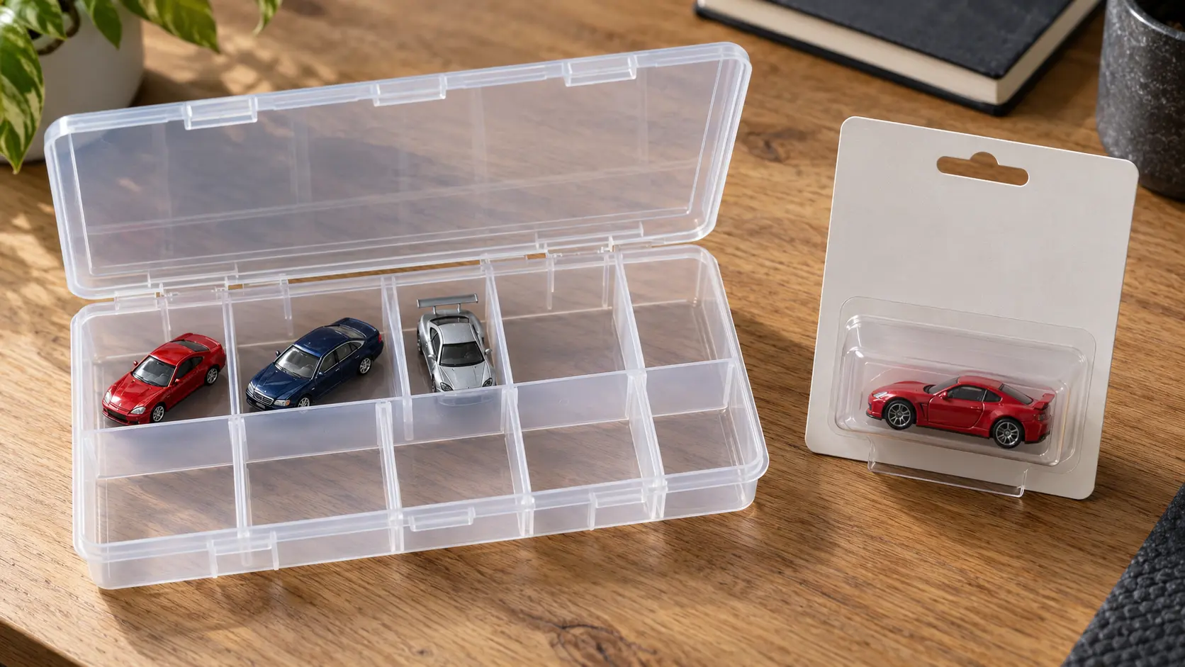 Open plastic organizer holding loose diecast cars alongside a full-size sealed blister-card package.