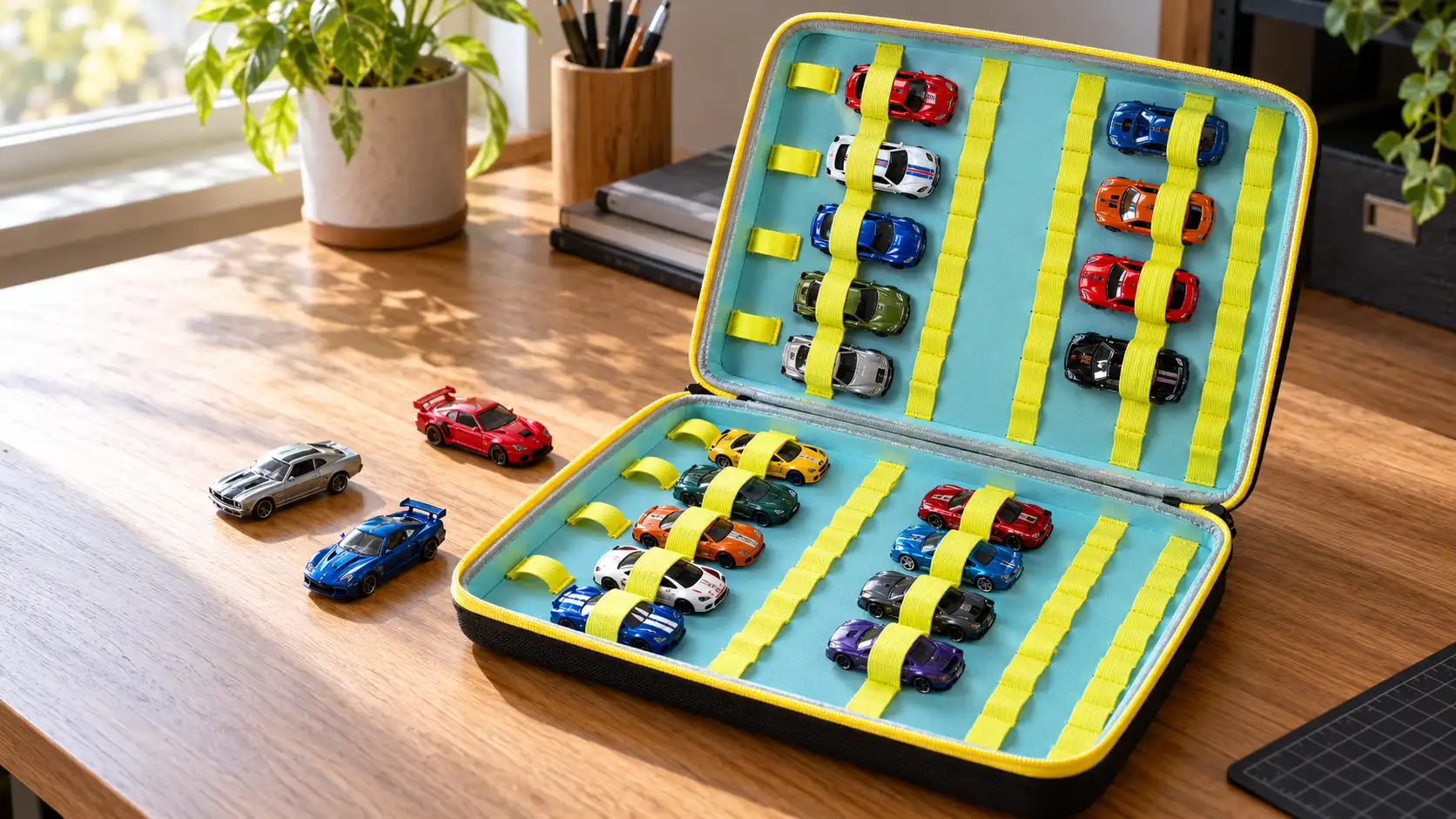 Editorial illustration of an open PAIYULE 88-car EVA case with yellow elastic bands securing miniature diecast cars.