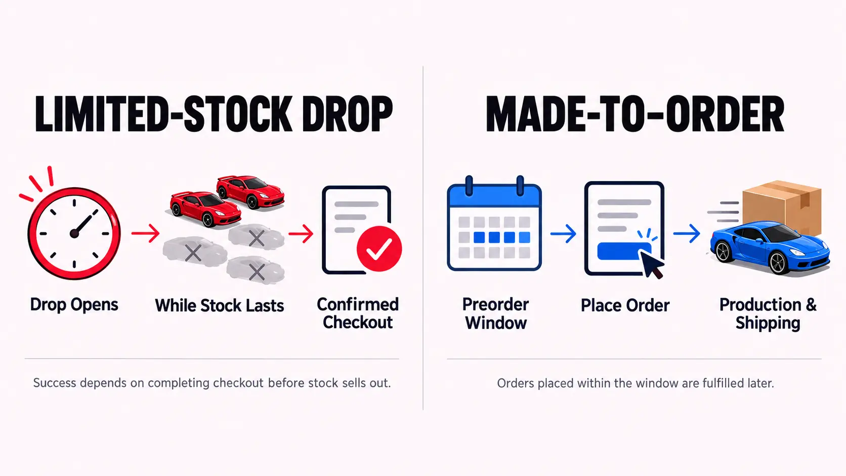 Two process timelines comparing limited-stock RLC drop checkout with made-to-order preorder and later fulfillment.