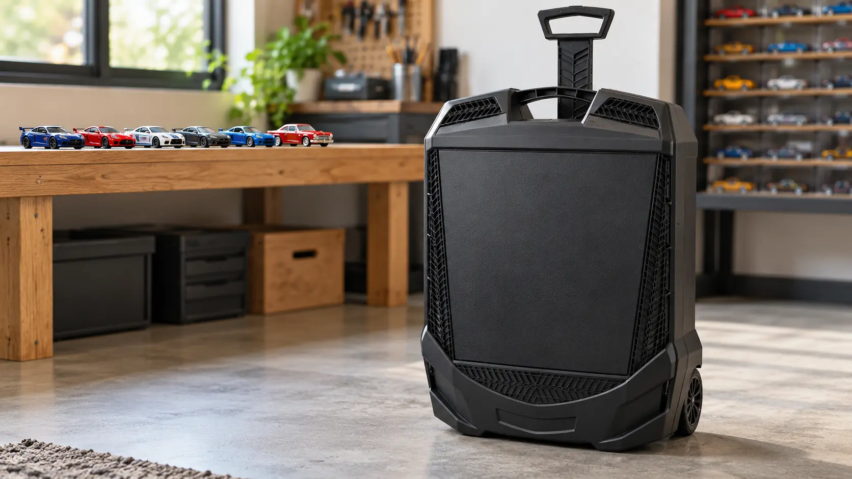 Editorial illustration of the Tara Toys 20135 100-car rolling storage case with extended handle and diecast cars nearby.
