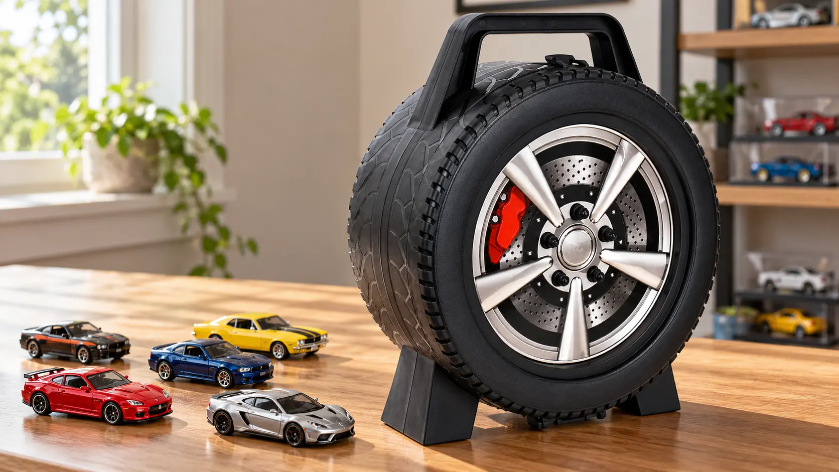 Editorial illustration of the Tara Toys 20385 30-car wheel-shaped carrying case with fixed top handle.